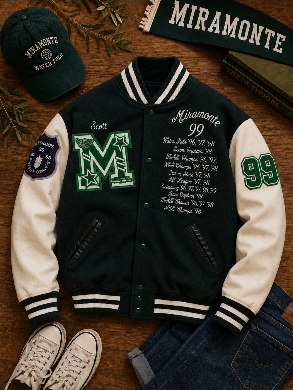 Holloway Green and Cream Letterman Varsity Jacket with Embroidered Patches